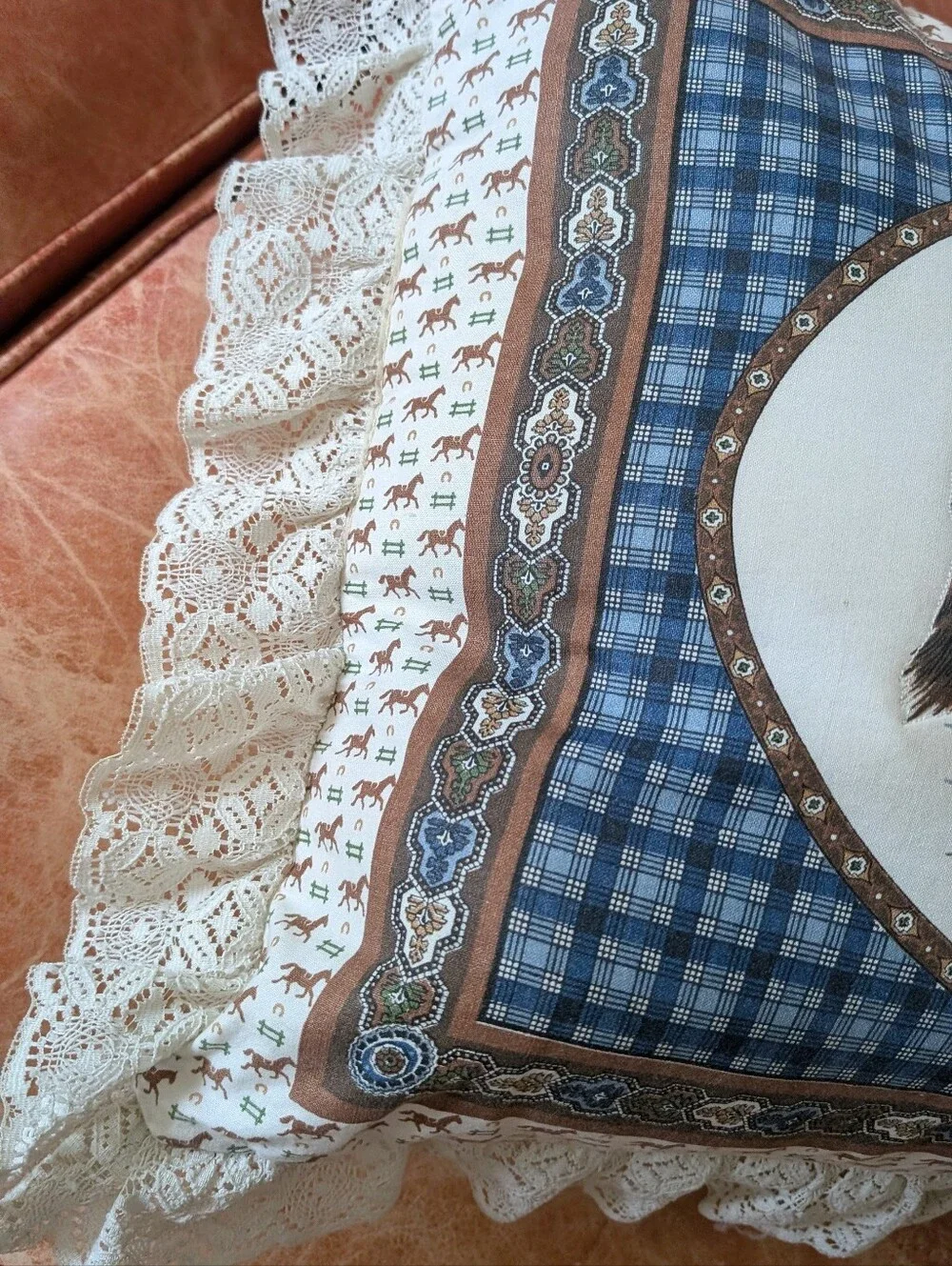 Vintage Horse Tapestry Pillow | Cottagecore Lace Accent Equestrian